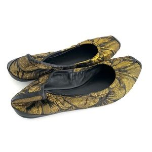 NEW Handmade Gold Jacquard & Leather Flat Loafers NYC Designer